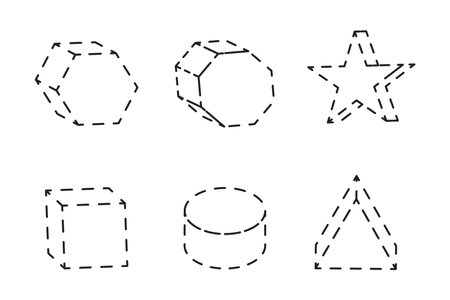 Dashed geometric shapes. Hexagon star cube triangle. Minimal outline vector. Abstract black design.のイラスト素材