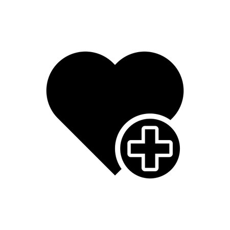 Healthcare heart icon. Medical cross shape. Health plus figure. Vector rescue symbol.のイラスト素材
