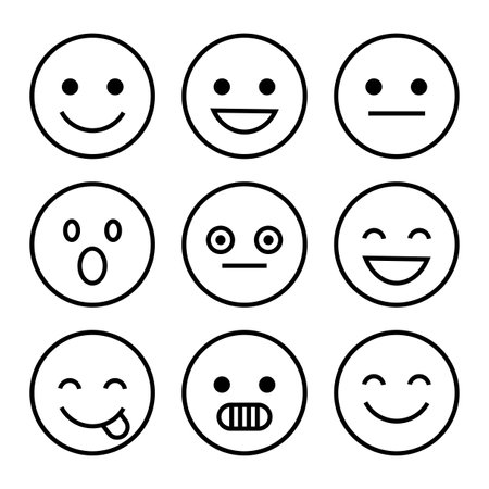 Minimal outline emojis. Simple black faces. Vector emotion set. Monochrome smile symbols.のイラスト素材