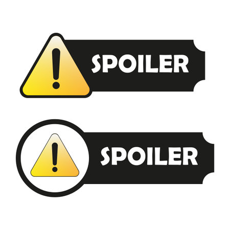 SPOILER alert tag. Exclamation triangle icon. Dark warning label. Vector caution panel.のイラスト素材