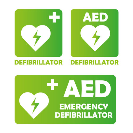 AED heart sign. Emergency defibrillator text. Green plus symbol. Medical Vector shape.