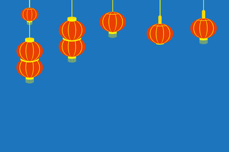 Chinese lanterns icon. Red gold hanging lights. Festive element illustration. Vector blue background.のイラスト素材