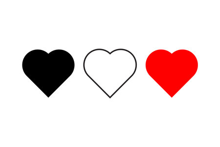 Heart icon trio. Black red contrast. White outline Vector. Love emotion symbol.のイラスト素材