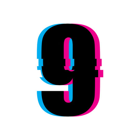 Number nine typography. Glitch art distortion. Digital noise Vector. Cyber screen error.