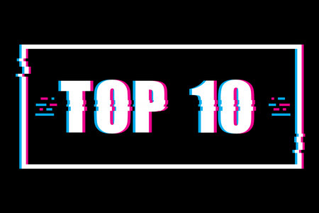 TOP 10 sign illustration. Glitch effect frame. Digital distortion vector text. Black background design.のイラスト素材