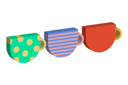 Three patterned cups. Coffee mug set. Colorful polka dot Vector design. Stripe line element.のイラスト素材