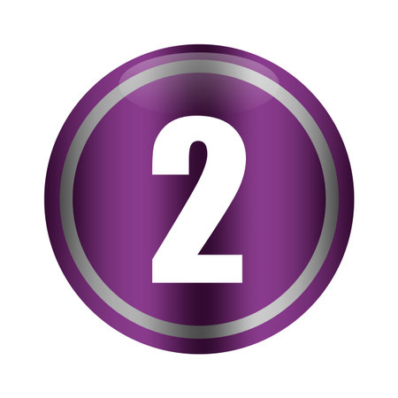 Purple metallic badge. Number two digit. Gradient Vector symbol. Round button illustration. EPS 10.のイラスト素材