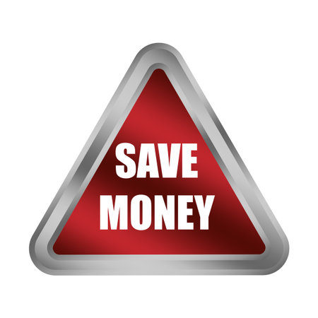 Red save money button. Metallic triangle shape. Financial deal Vector. Commerce icon emblem. EPS 10.のイラスト素材