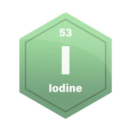Iodine chemical element tile. Atomic number 53. I chemical sign. Olive green Vector hexagon. EPS 10.のイラスト素材