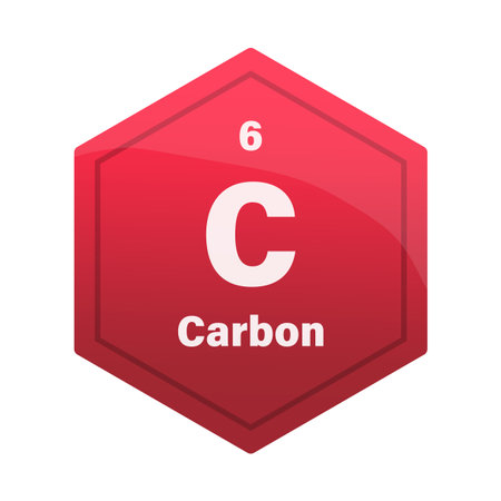 Carbon chemical element tile. Atomic number six. C sign Vector icon. Red scarlet gradient hexagon. EPS 10.のイラスト素材