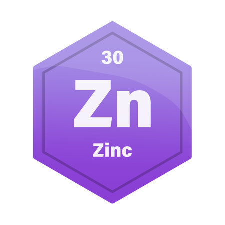 Zinc chemical element tile. Atomic number thirty. Zn sign Vector icon. Purple violet gradient hexagon. EPS 10.のイラスト素材