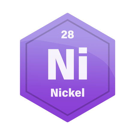 Nickel chemical element tile. Atomic number twenty eight. Ni sign Vector icon. Violet purple gradient hexagon. EPS 10.のイラスト素材