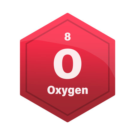Oxygen chemical element tile. Atomic number 8. O chemical sign. Bright red Vector hexagon. EPS 10.のイラスト素材