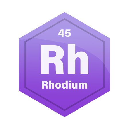 Rhodium chemical element tile. Atomic number 45. Rh chemical sign. Deep purple Vector hexagon. EPS 10.のイラスト素材