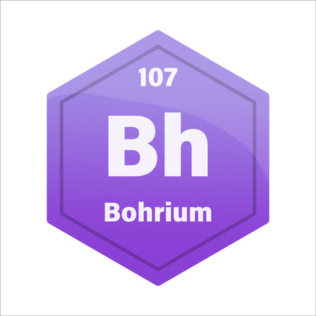 Bohrium chemical element tile. Atomic number one hundred seven. Bh sign Vector icon. Dark purple gradient hexagon. EPS 10.のイラスト素材