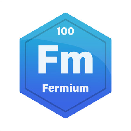 Fermium chemical element tile. Atomic number one hundred. Fm sign Vector icon. Dark blue gradient hexagon. EPS 10.のイラスト素材
