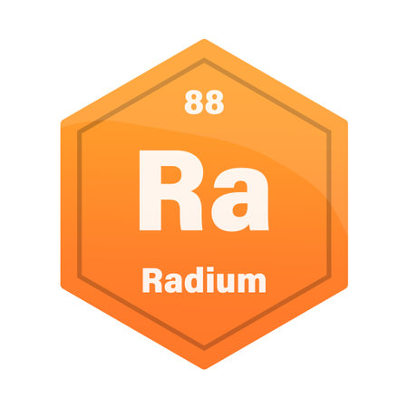 Radium chemical element tile. Atomic number 88. Ra chemical sign. Bright orange Vector hexagon.のイラスト素材
