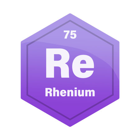 Rhenium chemical element tile. Atomic number 75. Re chemical sign. Red purple Vector hexagon.のイラスト素材