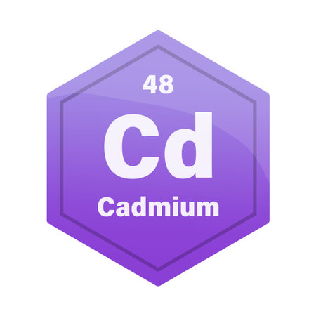 Cadmium chemical element tile. Atomic number 48. Cd chemical sign. Light purple Vector hexagon.のイラスト素材