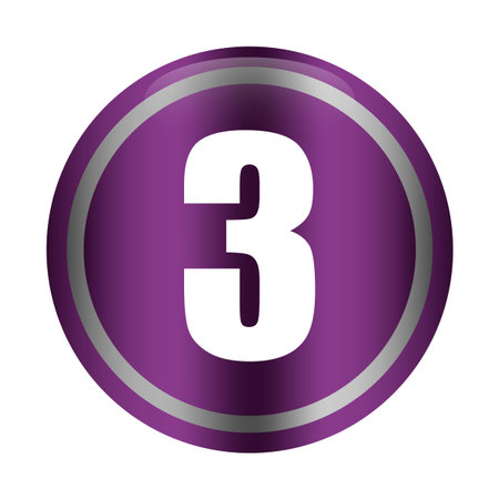 Purple metallic badge. Number three digit. Gradient Vector symbol. Round button illustration.のイラスト素材