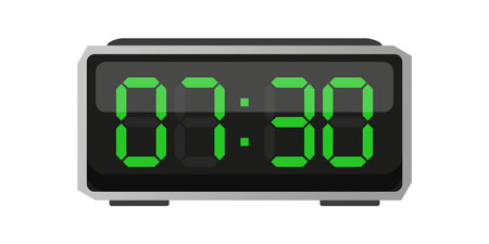 Digital alarm clock. Seven thirty shown. Time 07 30. Green numbers vector. EPS 10.