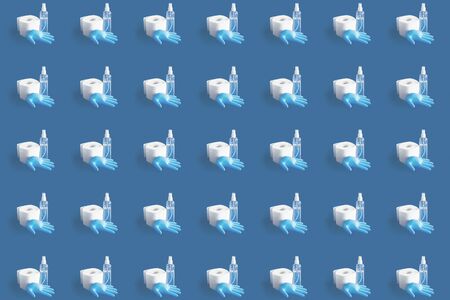 Sanitizer, a rubber glove and a toilet paper on the plain backgroundの写真素材