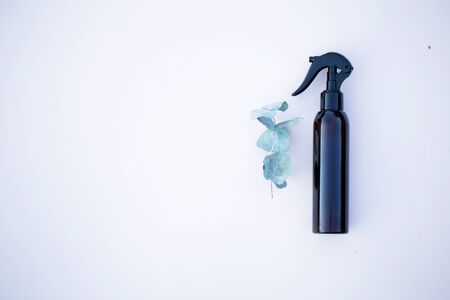 Brown spray bottle with green eucalyptus branch on the bright backgroundの写真素材