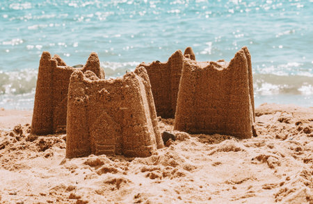 Sandcastles on the beach,vacation concept, tonedの写真素材