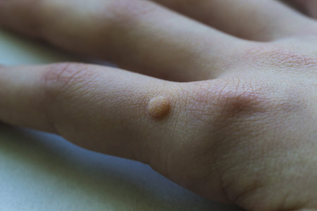 Common wart Verruca vulgaris a flat wart commonly found on the hand of children and adults. They are...