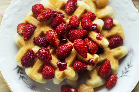 Plate with tasty waffles, fruit and berries on white background. Breakfast food.