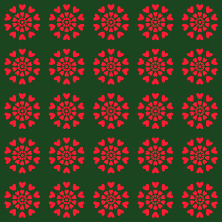 green seamless pattern red hearts valentines day template background. flower created from hearts,...