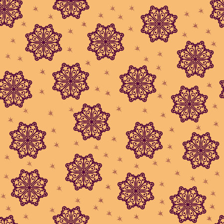 seamless pattern of adorable winter snowflakes in the shape of a flower with star on brown . Can be...