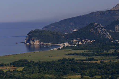 Breathtaking view of the village in the Boko Kotor Bay of the Rocky Mountains and the Adriatic Sea of Montenegro, soft focusの写真素材