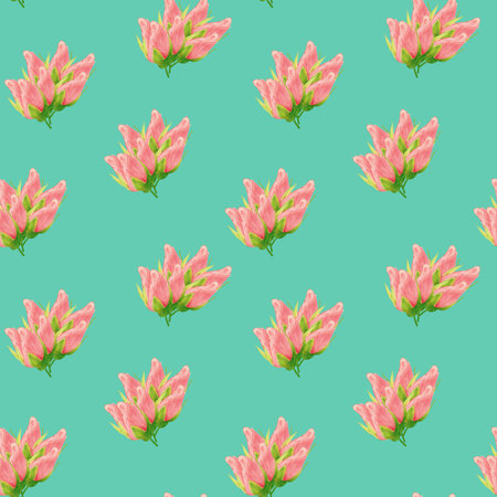 Floral seamless pattern made of roses. Acrilic painting with pink flower buds on turquoise...