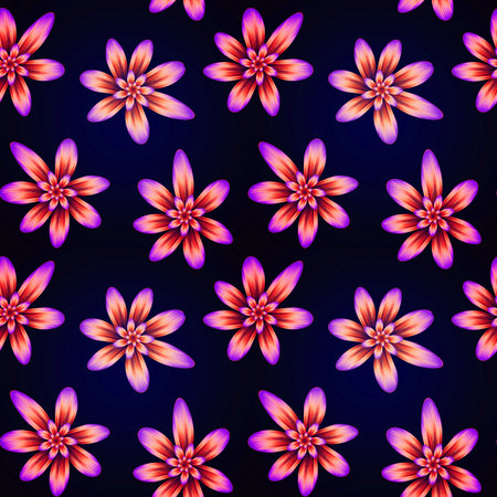 Seamless repeat pattern with violet and gold flowers on black background. For drawn fabric, gift...