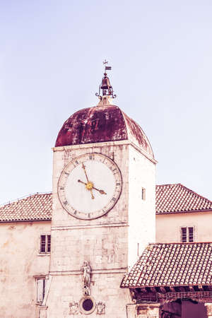 Church of Saint Sebastian in the Center of Trogir, Croatia. The Clock Tower and City Loggia on John Paul II Square - Trogir, Dalmatia, Croatia, Europeの写真素材