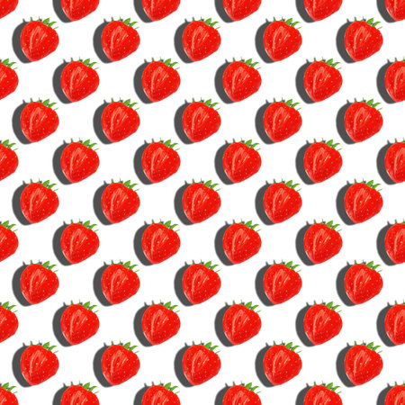 Juicy red summer strawberry on white background seamless pattern illustration. Good for textile,...