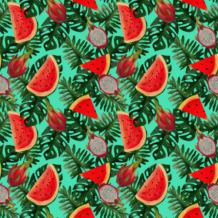 Modern seamless pattern with dragon fruit, watermelon, tropical leaves on mint background Summer vibes. Hand painted botanical illustration for textiles, packaging, fabrics.の写真素材