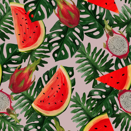 Modern seamless pattern with dragon fruit, watermelon, tropical leaves Summer vibes. Hand painted...