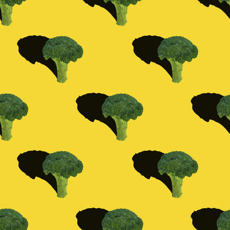Broccoli with shadow draw on a yellow background. A pattern of vegetables, Vegetarian organic healthy food.の写真素材