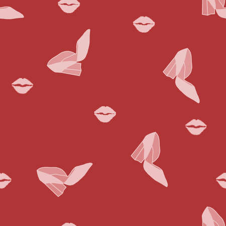 seamless shoe pattern. Glamor design element. High heeled pink shoes and lip print on red background for wrapping paper and sales packages. Fashion trendy illustration.の写真素材