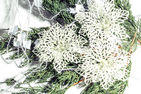 Christmas tree branches background with white snowflakes. Close-up of fir branches.