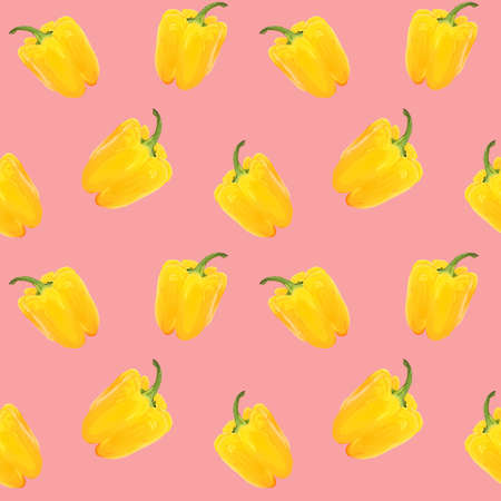 Bell pepper seamless pattern. Yellow peppers on pink background. Natural background for fabric, textile, cafe, restaurant, packaging.の写真素材