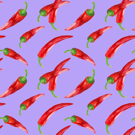 Chili peppers on lilac background hand drawn seamless pattern. Manual illustration in gouache. background for wallpaper, background, fabric, textile, cafe, restaurant, resort, exotic, packaging.の写真素材