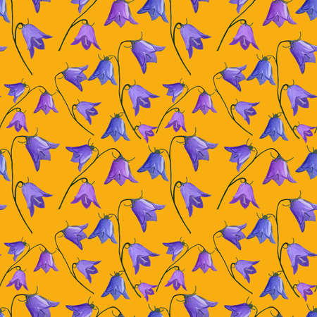 seamless pattern with bellflowers campanula flowers on lash lava background in gouache. Spring, summer holidays presents and gifts wrapping paper For textiles, packaging, fabric, wallpaper.の写真素材