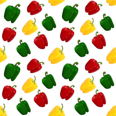 Red, yellow, green bell pepper. Vegetable seamless pattern on white background. Vegetarian pattern, Natural background for textiles, wrapping paper and designs.の写真素材