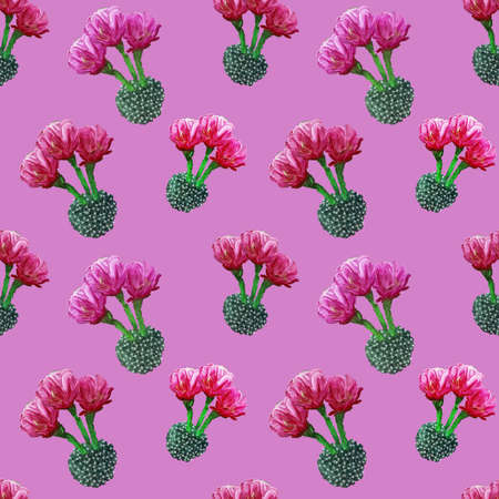 Seamless floral summer tropical pattern background with blooming cactuses, succulents on pink background. Perfect for wallpapers, web page backgrounds, surface textures, textile.の写真素材