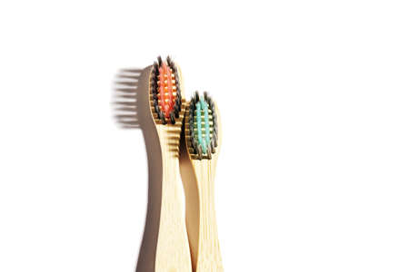 Eco-friendly bamboo toothbrushes on white background. Natural organic product concept. Flat lay, top view, copy space ..の写真素材