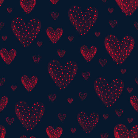 Red heart dots seamless pattern isolated on dark . Love fashion illustration.Valentines day...