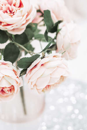 Bouquet of pink roses in a vase. Romantic floral still life, soft focusの写真素材